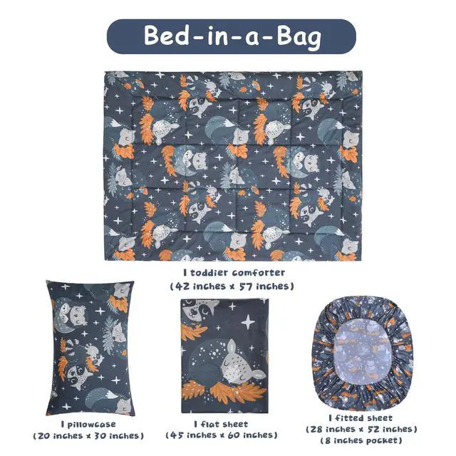 Alt view image 4 of 6 - JSD Navy Blue Forest Animals Toddler Bedding Set, 4 Piece Owl Toddler Comforter Sheet Set, Lightweight Breathable Washable