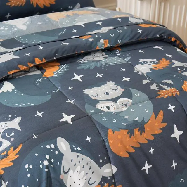Alt view image 5 of 6 - JSD Navy Blue Forest Animals Toddler Bedding Set, 4 Piece Owl Toddler Comforter Sheet Set, Lightweight Breathable Washable