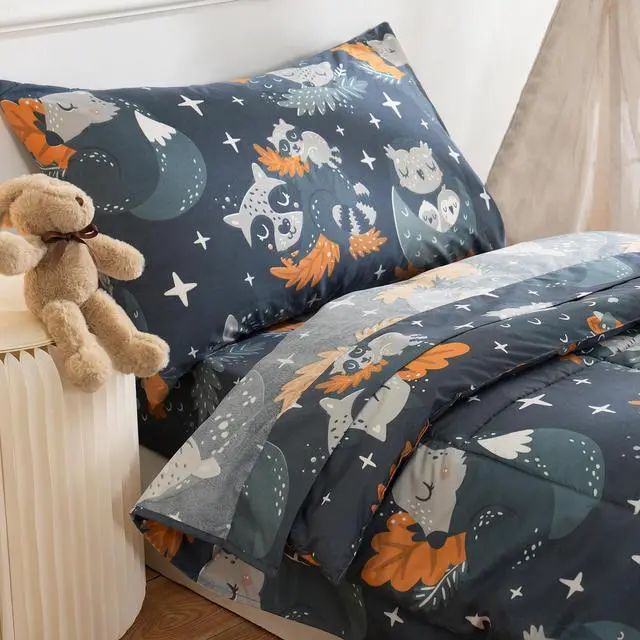 Alt view image 6 of 6 - JSD Navy Blue Forest Animals Toddler Bedding Set, 4 Piece Owl Toddler Comforter Sheet Set, Lightweight Breathable Washable