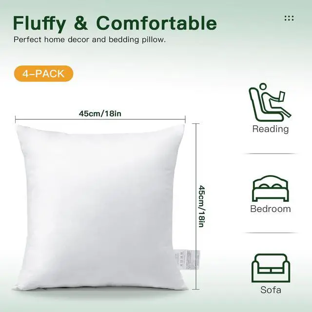 Alt view image 3 of 7 - OTOSTAR Pack of 4 Throw Pillow Inserts, 18 x 18 Square Cushion Inner Soft Fluffy Plump Stuffer Cushion Pads White Decorative Pillow Inserts