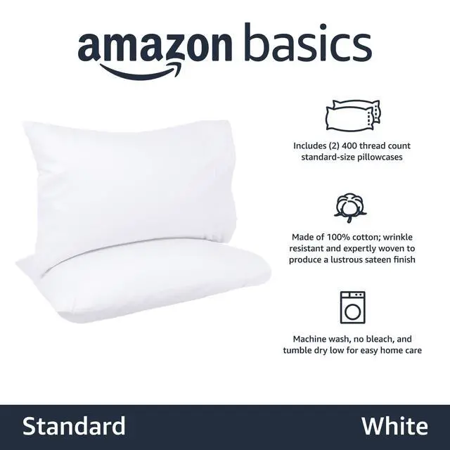 Alt view image 2 of 4 - Amazon Basics 400 Thread Count Cotton Pillowcases, Standard, 30" L x 20" W, White - Set of 2, Pillows Not Included