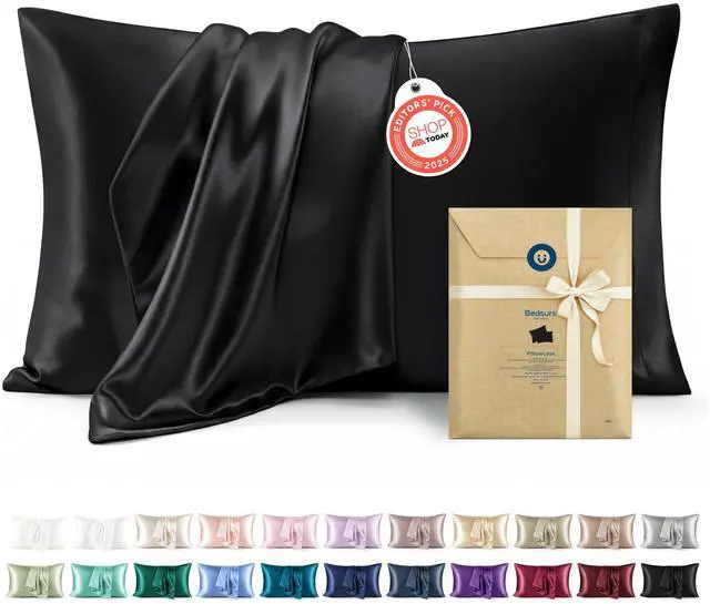 Main image of Bedsure Satin Pillowcase for Hair and Skin Queen - Black Silky Pillowcase 2 Pack with Envelope Closure, Similar to Silk Pillow Cases, Gifts for Women Men, 20x30 Inches, 2pcs