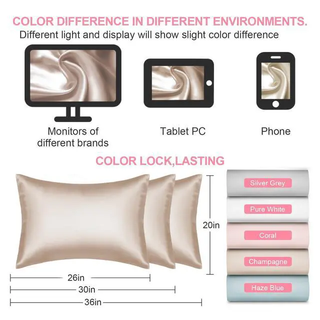 Alt view image 7 of 7 - Silk Pillow Cases 2 Pack Standard Size with Hidden Zipper, Mulberry Silk Pillowcase for Hair and Skin, Smooth and Soft Breathable Cooling Silk Satin Pillowcase Set of 2, Gifts for WomenChampagne