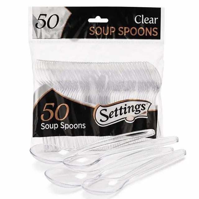 Main image of Settings Clear Plastic Soup Spoons, 50 Count - Heavyweight Disposable Soup Spoons, BPA-Free Bulk Plastic Cutlery for Parties, Weddings, Catering & Everyday Use