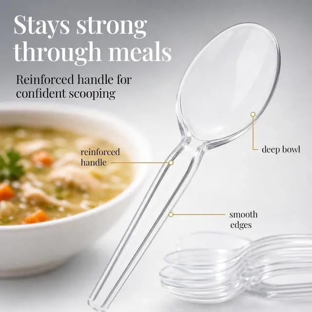 Alt view image 4 of 7 - Settings Clear Plastic Soup Spoons, 50 Count - Heavyweight Disposable Soup Spoons, BPA-Free Bulk Plastic Cutlery for Parties, Weddings, Catering & Everyday Use