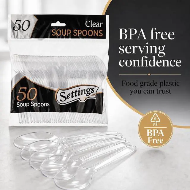 Alt view image 5 of 7 - Settings Clear Plastic Soup Spoons, 50 Count - Heavyweight Disposable Soup Spoons, BPA-Free Bulk Plastic Cutlery for Parties, Weddings, Catering & Everyday Use