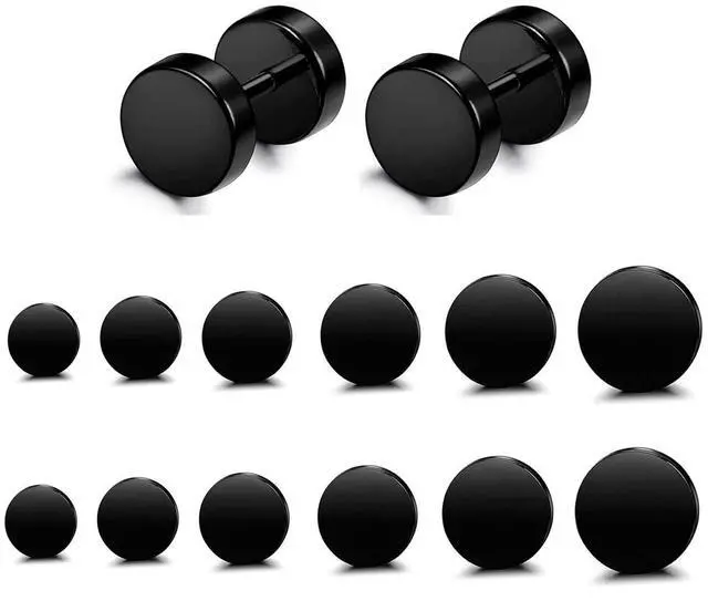 Main image of FIBO STEEL 6 Pairs Stainless Steel Black Stud Earrings for Men Women Faux Gauges Ear Tunnel Fake Gauge Earrings 3-8mm Black