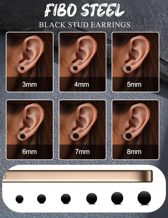 Alt view image 2 of 7 - FIBO STEEL 6 Pairs Stainless Steel Black Stud Earrings for Men Women Faux Gauges Ear Tunnel Fake Gauge Earrings 3-8mm Black