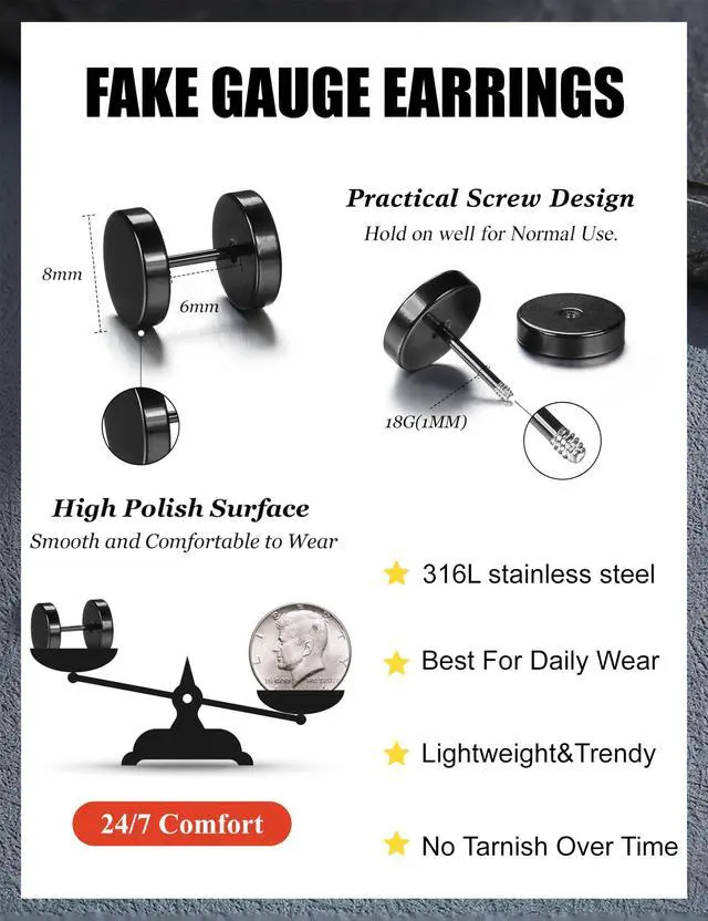 Alt view image 5 of 7 - FIBO STEEL 6 Pairs Stainless Steel Black Stud Earrings for Men Women Faux Gauges Ear Tunnel Fake Gauge Earrings 3-8mm Black