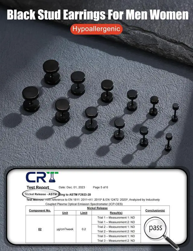 Alt view image 7 of 7 - FIBO STEEL 6 Pairs Stainless Steel Black Stud Earrings for Men Women Faux Gauges Ear Tunnel Fake Gauge Earrings 3-8mm Black