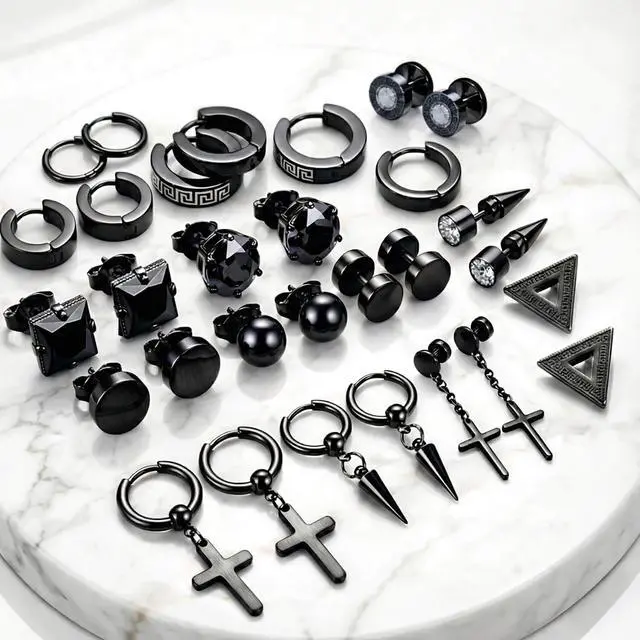 Alt view image 2 of 7 - 15 Pairs Earrings for Men, Black Stainless Steel Earrings Stud Kit for Men Women Fashion Piercing Jewelry Cross Dangle Hoop Earrings Set