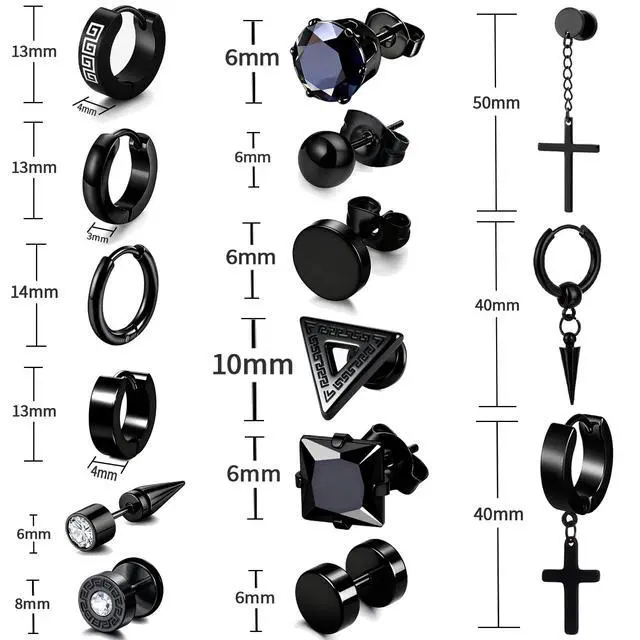Alt view image 3 of 7 - 15 Pairs Earrings for Men, Black Stainless Steel Earrings Stud Kit for Men Women Fashion Piercing Jewelry Cross Dangle Hoop Earrings Set