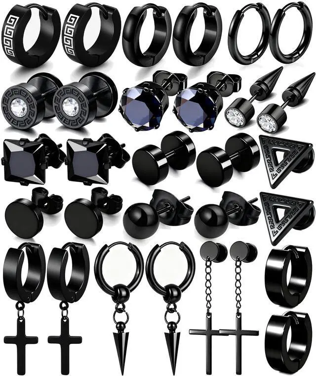 Main image of 15 Pairs Earrings for Men, Black Stainless Steel Earrings Stud Kit for Men Women Fashion Piercing Jewelry Cross Dangle Hoop Earrings Set