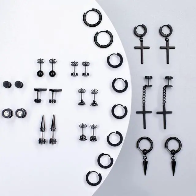 Alt view image 4 of 7 - 15 Pairs Earrings for Men, Black Stainless Steel Earrings Stud Kit for Men Women Fashion Piercing Jewelry Cross Dangle Hoop Earrings Set
