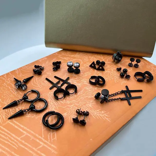 Alt view image 5 of 7 - 15 Pairs Earrings for Men, Black Stainless Steel Earrings Stud Kit for Men Women Fashion Piercing Jewelry Cross Dangle Hoop Earrings Set