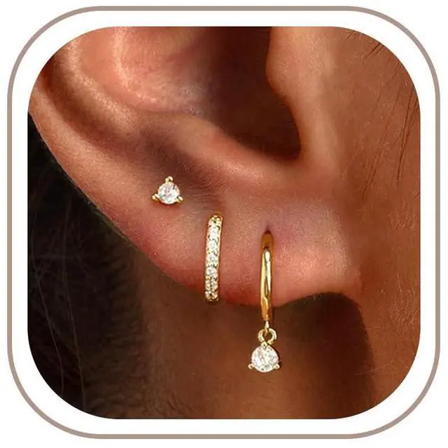 Main image of Freekiss Gold Stud Earrings for Women, Dainty Earring Set Simple Tiny 14K Gold Filled CZ Hypoallergenic Huggie Dangle Hoop Earrings Fashion Jewelry for Women Trendy Gifts