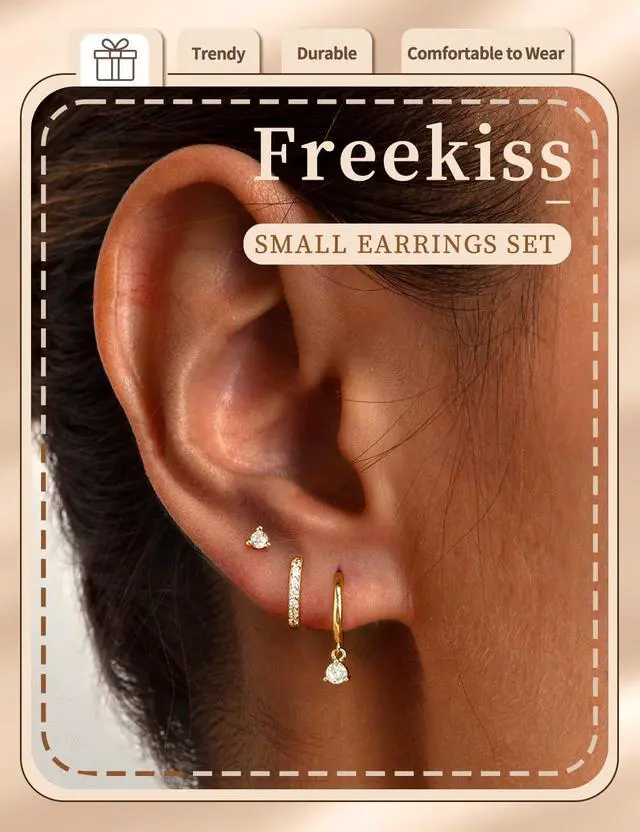 Alt view image 2 of 7 - Freekiss Gold Stud Earrings for Women, Dainty Earring Set Simple Tiny 14K Gold Filled CZ Hypoallergenic Huggie Dangle Hoop Earrings Fashion Jewelry for Women Trendy Gifts