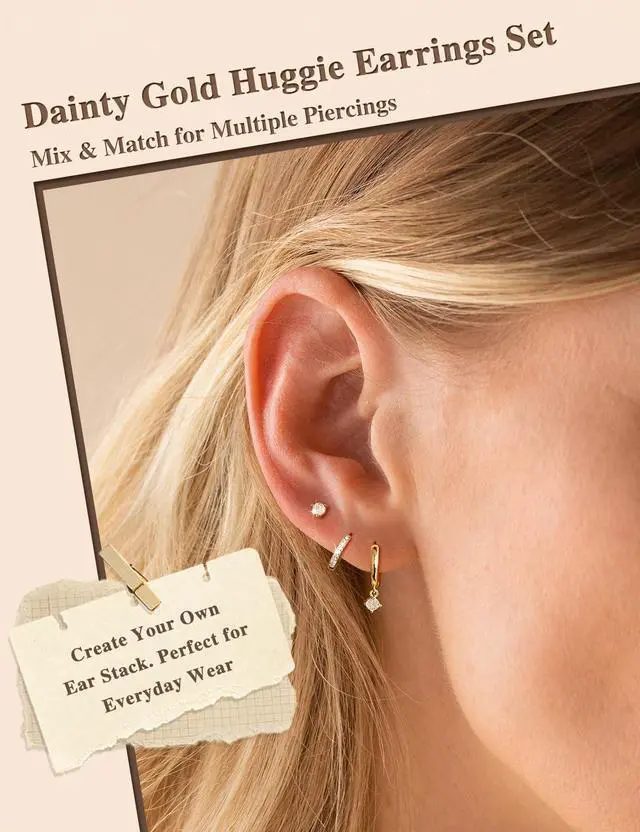 Alt view image 3 of 7 - Freekiss Gold Stud Earrings for Women, Dainty Earring Set Simple Tiny 14K Gold Filled CZ Hypoallergenic Huggie Dangle Hoop Earrings Fashion Jewelry for Women Trendy Gifts