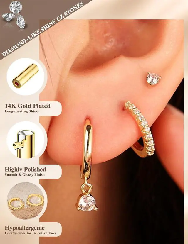 Alt view image 4 of 7 - Freekiss Gold Stud Earrings for Women, Dainty Earring Set Simple Tiny 14K Gold Filled CZ Hypoallergenic Huggie Dangle Hoop Earrings Fashion Jewelry for Women Trendy Gifts