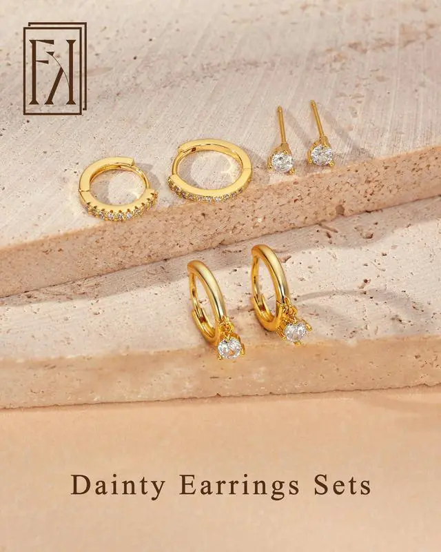 Alt view image 7 of 7 - Freekiss Gold Stud Earrings for Women, Dainty Earring Set Simple Tiny 14K Gold Filled CZ Hypoallergenic Huggie Dangle Hoop Earrings Fashion Jewelry for Women Trendy Gifts