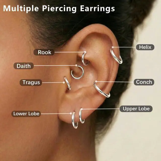Alt view image 4 of 7 - 5 Pairs Small Silver Hoop Earrings Set, Cute Helix Huggie Earrings for Women Men, Hypoallergenic 316L Stainless Steel Tiny Cartilage Earrings Hoop Silver Hoop Earrings for Multiple Piercing Jewe