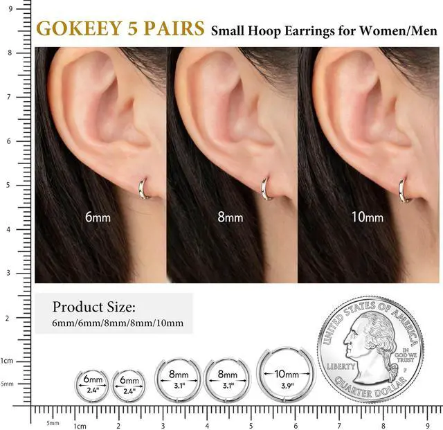 Alt view image 3 of 7 - 5 Pairs Small Silver Hoop Earrings Set, Cute Helix Huggie Earrings for Women Men, Hypoallergenic 316L Stainless Steel Tiny Cartilage Earrings Hoop Silver Hoop Earrings for Multiple Piercing Jewe