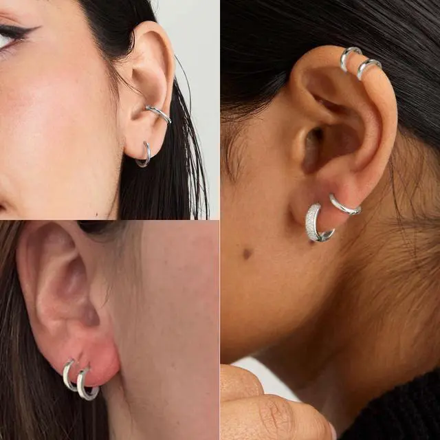Alt view image 6 of 7 - 5 Pairs Small Silver Hoop Earrings Set, Cute Helix Huggie Earrings for Women Men, Hypoallergenic 316L Stainless Steel Tiny Cartilage Earrings Hoop Silver Hoop Earrings for Multiple Piercing Jewe