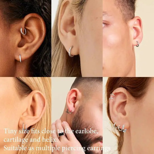 Alt view image 7 of 7 - 5 Pairs Small Silver Hoop Earrings Set, Cute Helix Huggie Earrings for Women Men, Hypoallergenic 316L Stainless Steel Tiny Cartilage Earrings Hoop Silver Hoop Earrings for Multiple Piercing Jewe