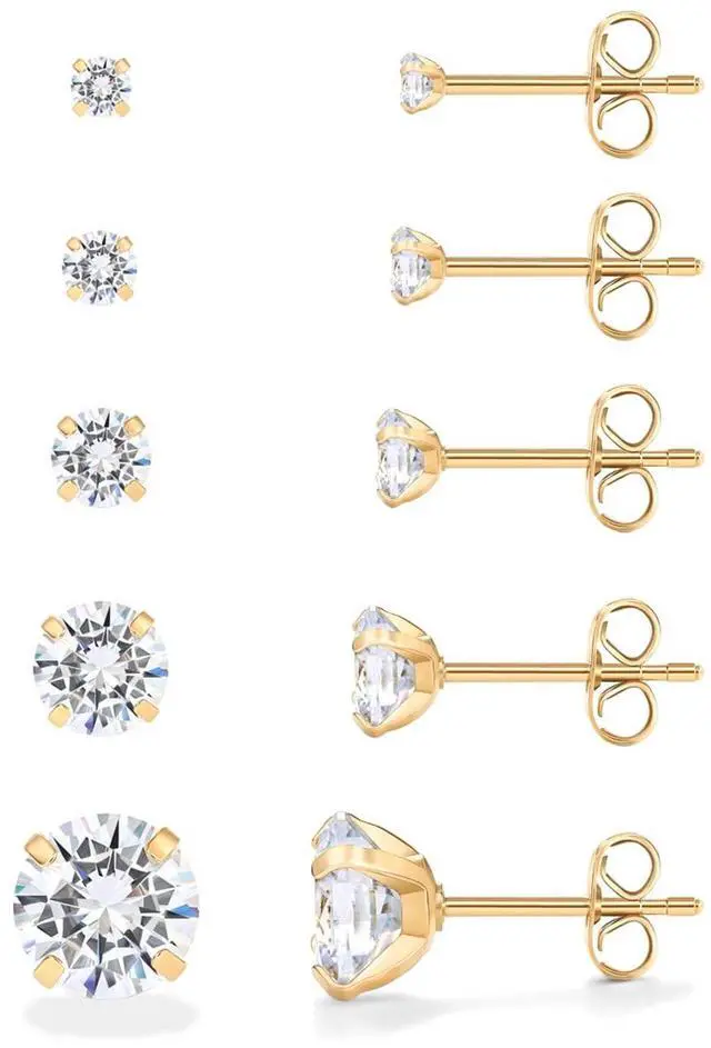 Main image of PAVOI Waterproof Five Pairs Stud Earrings for Women - 14K Yellow Gold Plated Stainless Steel Pack of 5 Cubic Zirconia Earrings for Men and Women - Hypoallergenic Premium CZ Studs Set