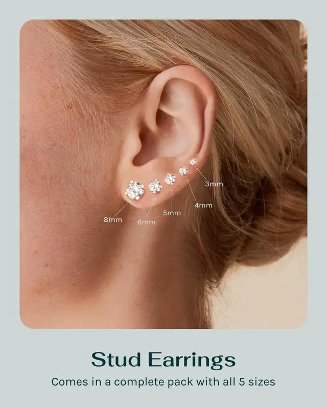 Alt view image 2 of 6 - PAVOI Waterproof Five Pairs Stud Earrings for Women - 14K Yellow Gold Plated Stainless Steel Pack of 5 Cubic Zirconia Earrings for Men and Women - Hypoallergenic Premium CZ Studs Set