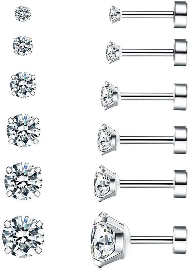 Main image of 6 Pairs Hypoallergenic Cubic Zirconia Earrings Surgical Steel Flat Back Studs for Cartilage, Screw Back Fashion Jewelry