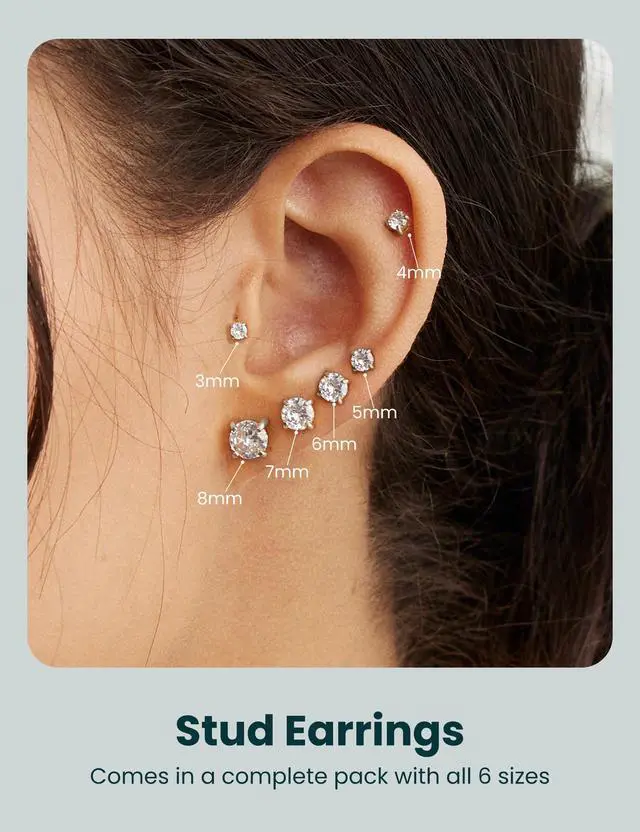 Alt view image 2 of 7 - 6 Pairs Hypoallergenic Cubic Zirconia Earrings Surgical Steel Flat Back Studs for Cartilage, Screw Back Fashion Jewelry