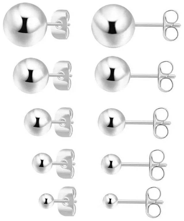 Main image of Small Silver Stud Earrings for Women: Hypoallergenic Sterling Silver Round Ball Stud Earrings for Multiple Piercing 5 Pairs Cute Earrings Set 2mm 3mm 4mm 5mm 6mm