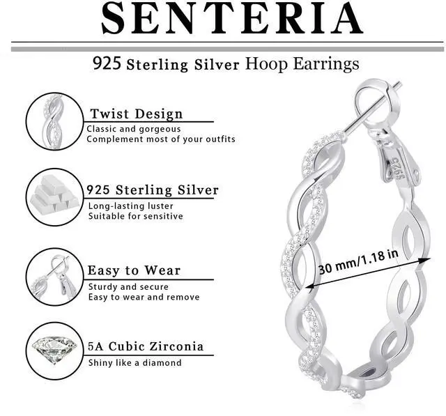Alt view image 4 of 6 - Senteria 925 Sterling Silver Earrings Hoops for Women Lightweight Twisted Hoop Earrings With Cubic Zirconia Hypoallergenic Hoops Earrings (30MM)