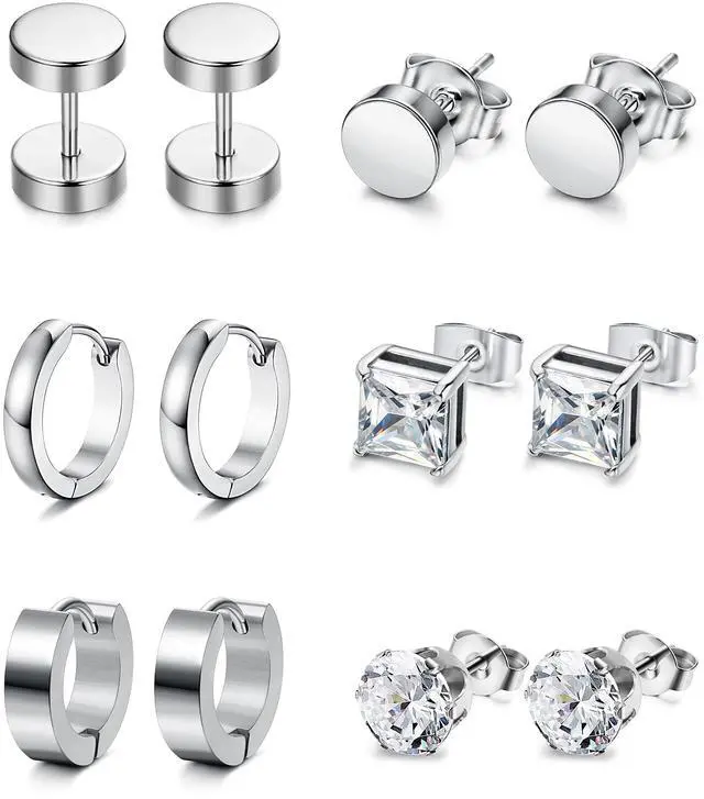 Main image of Jstyle 6 Pairs Stainless Steel CZ Stud Earrings for Women Mens Huggie Hoop Earrings Ear Piercing