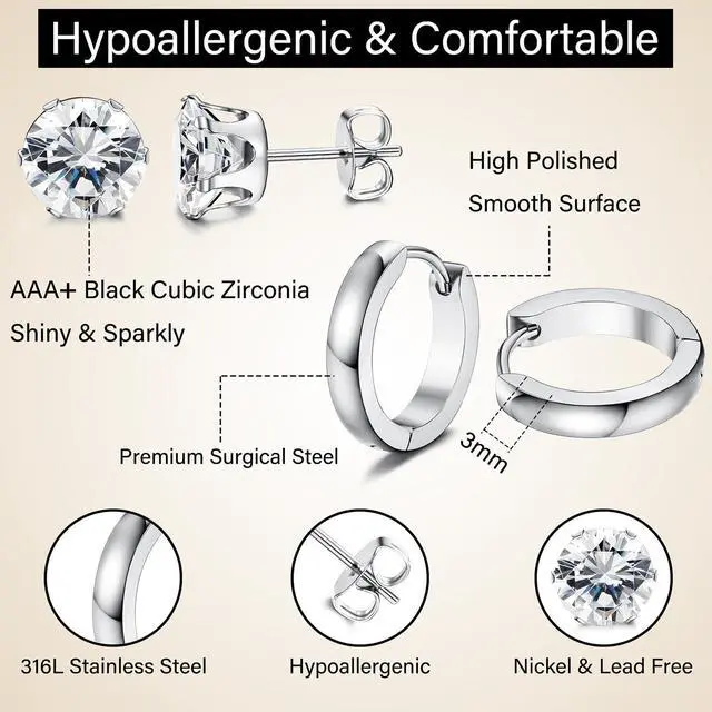 Alt view image 5 of 6 - Jstyle 6 Pairs Stainless Steel CZ Stud Earrings for Women Mens Huggie Hoop Earrings Ear Piercing