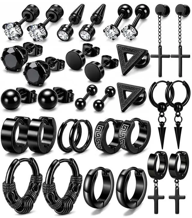 Main image of 16 Pairs Men Earrings Set -Stainless Steel Cross Dangle Hoop & Ear Stud Fashion Piercing Jewelry for Birthdays, Parties & More (Black)