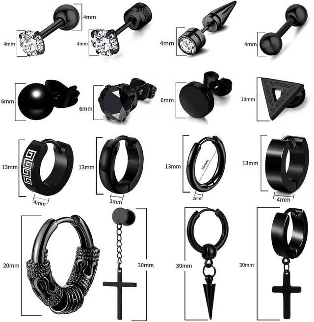 Alt view image 2 of 7 - 16 Pairs Men Earrings Set -Stainless Steel Cross Dangle Hoop & Ear Stud Fashion Piercing Jewelry for Birthdays, Parties & More (Black)