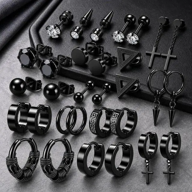 Alt view image 3 of 7 - 16 Pairs Men Earrings Set -Stainless Steel Cross Dangle Hoop & Ear Stud Fashion Piercing Jewelry for Birthdays, Parties & More (Black)
