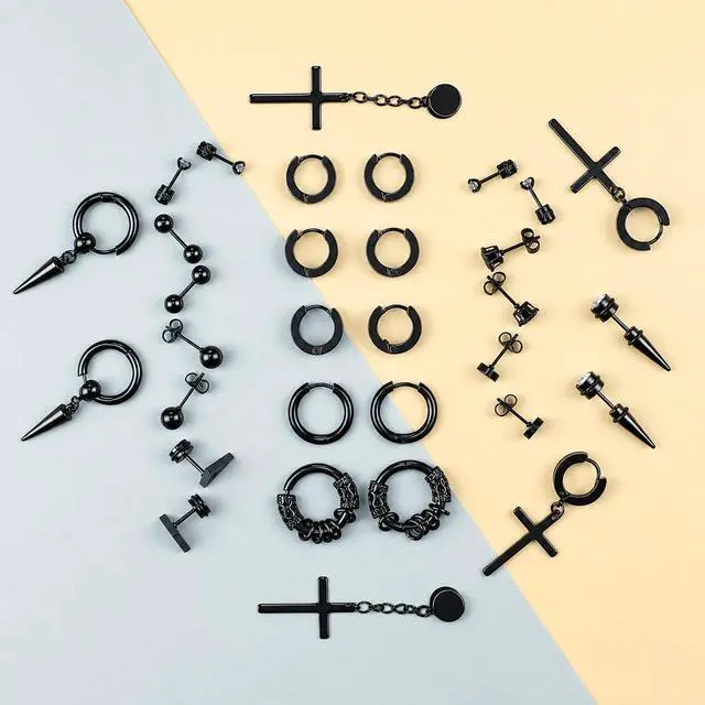 Alt view image 4 of 7 - 16 Pairs Men Earrings Set -Stainless Steel Cross Dangle Hoop & Ear Stud Fashion Piercing Jewelry for Birthdays, Parties & More (Black)