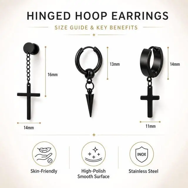Alt view image 5 of 7 - 16 Pairs Men Earrings Set -Stainless Steel Cross Dangle Hoop & Ear Stud Fashion Piercing Jewelry for Birthdays, Parties & More (Black)