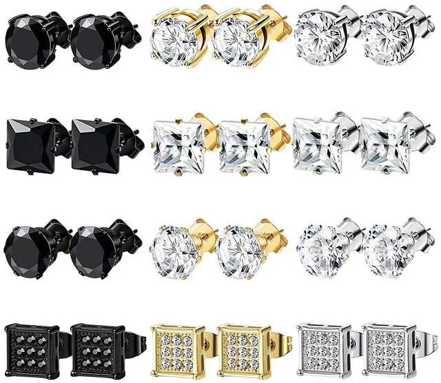 Main image of NEWITIN 12 Pairs Stainless Steel Stud Earrings for Men Hypoallergenic Earring Unisex Studs Inlaid Cubic Zirconia Men Earrings Hoop CZ Stud Earring Set for Women