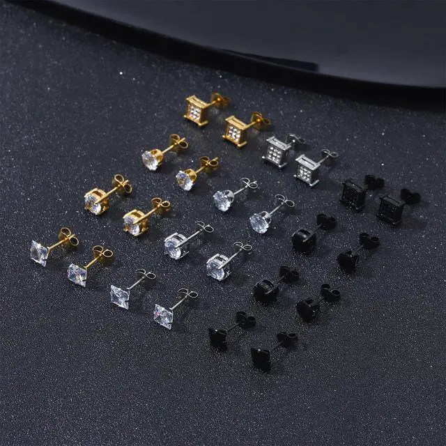 Alt view image 3 of 7 - NEWITIN 12 Pairs Stainless Steel Stud Earrings for Men Hypoallergenic Earring Unisex Studs Inlaid Cubic Zirconia Men Earrings Hoop CZ Stud Earring Set for Women