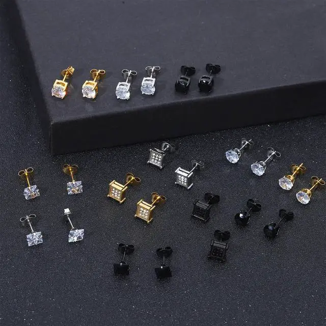Alt view image 4 of 7 - NEWITIN 12 Pairs Stainless Steel Stud Earrings for Men Hypoallergenic Earring Unisex Studs Inlaid Cubic Zirconia Men Earrings Hoop CZ Stud Earring Set for Women
