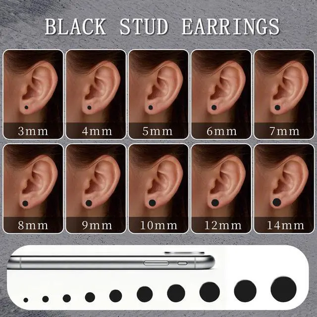Alt view image 2 of 7 - NEWITIN 10 Pairs Black Stud Earrings for Men Faux Gauges Earring Hypoallergenic Earring Ear Tunnel Stainless Steel Dot Earrings for Men Women, 18G Round Ear Studs 3mm-14mm