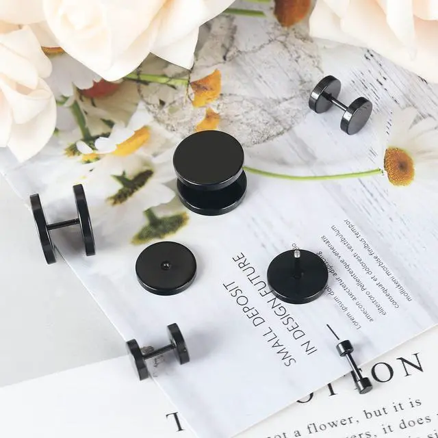 Alt view image 3 of 7 - NEWITIN 10 Pairs Black Stud Earrings for Men Faux Gauges Earring Hypoallergenic Earring Ear Tunnel Stainless Steel Dot Earrings for Men Women, 18G Round Ear Studs 3mm-14mm