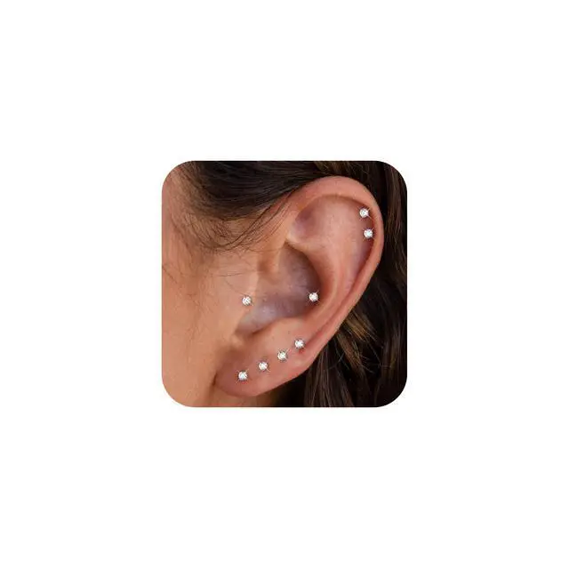 Main image of ORAZIO 6 Pairs Tiny 2mm Stainless Steel Stud Earrings For Mens Womens CZ Round Ball Cartilage Earrings Set,Silver Tone
