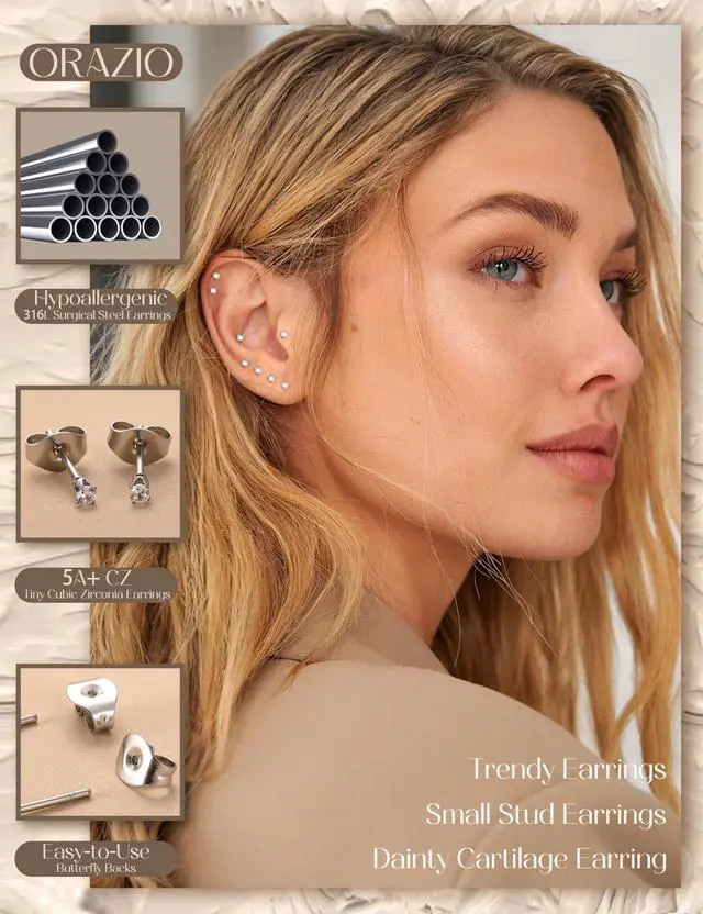 Alt view image 2 of 6 - ORAZIO 6 Pairs Tiny 2mm Stainless Steel Stud Earrings For Mens Womens CZ Round Ball Cartilage Earrings Set,Silver Tone