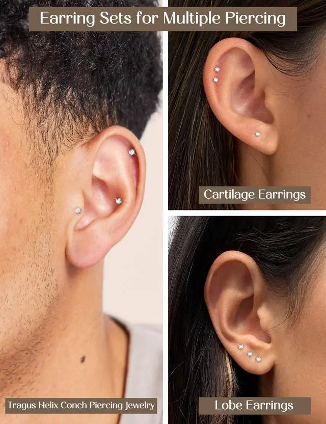 Alt view image 4 of 6 - ORAZIO 6 Pairs Tiny 2mm Stainless Steel Stud Earrings For Mens Womens CZ Round Ball Cartilage Earrings Set,Silver Tone