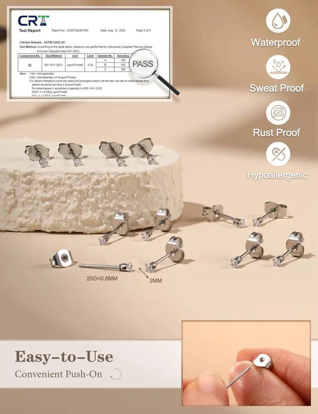 Alt view image 6 of 6 - ORAZIO 6 Pairs Tiny 2mm Stainless Steel Stud Earrings For Mens Womens CZ Round Ball Cartilage Earrings Set,Silver Tone